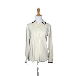 LYSSE Diana Cream Contrast Black Trim Crisp Chino Long Sleeve Blouse Sz XS Women